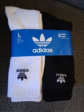 adidas Crew Socks 6-Pack 3 pair White & 3 pair Black size L adult Moisture Wick